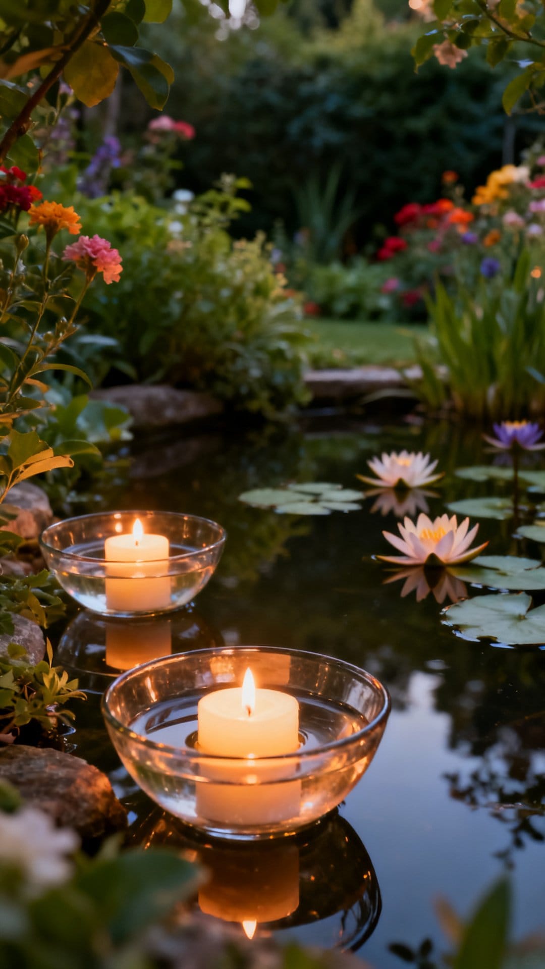 Candlelit Floating Centerpieces in Garden Ponds or Pools