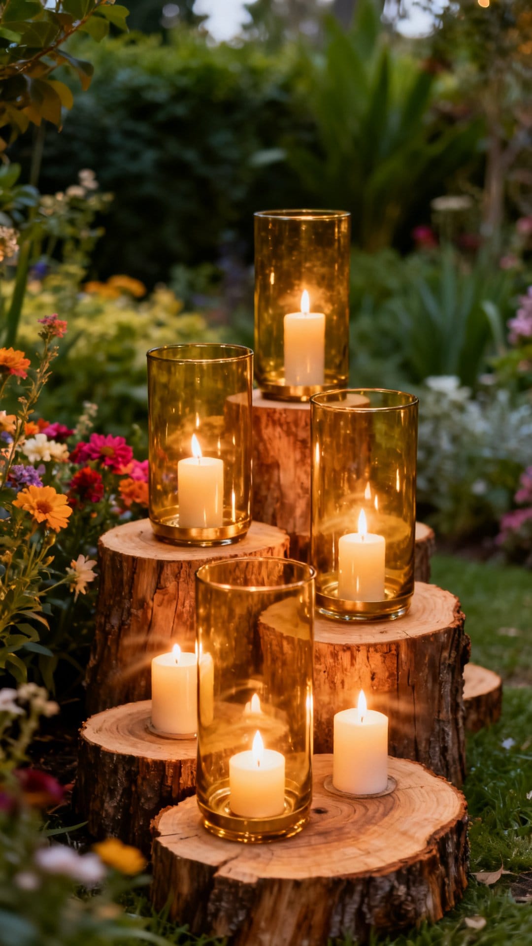 Candlelit Hurricanes Clustered on Wooden Slices