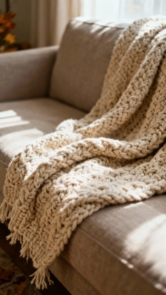 Chunky crochet throw blanket draped over a sofa in earthy fall tones