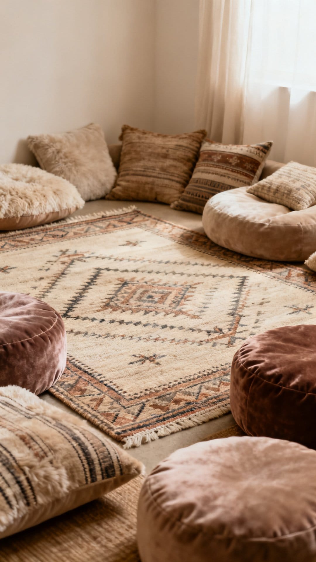 Create a Low Seating Area with Floor Cushions and Kilim Rugs