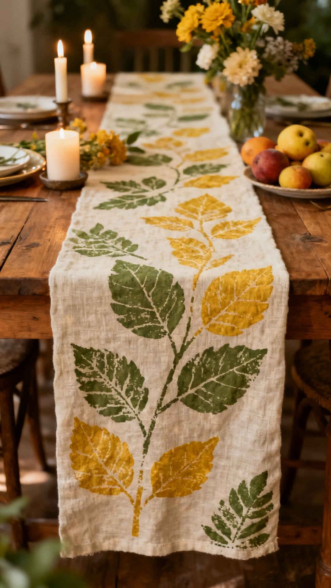 DIY Linen Table Runner with Hand-Stamped Leaf Prints