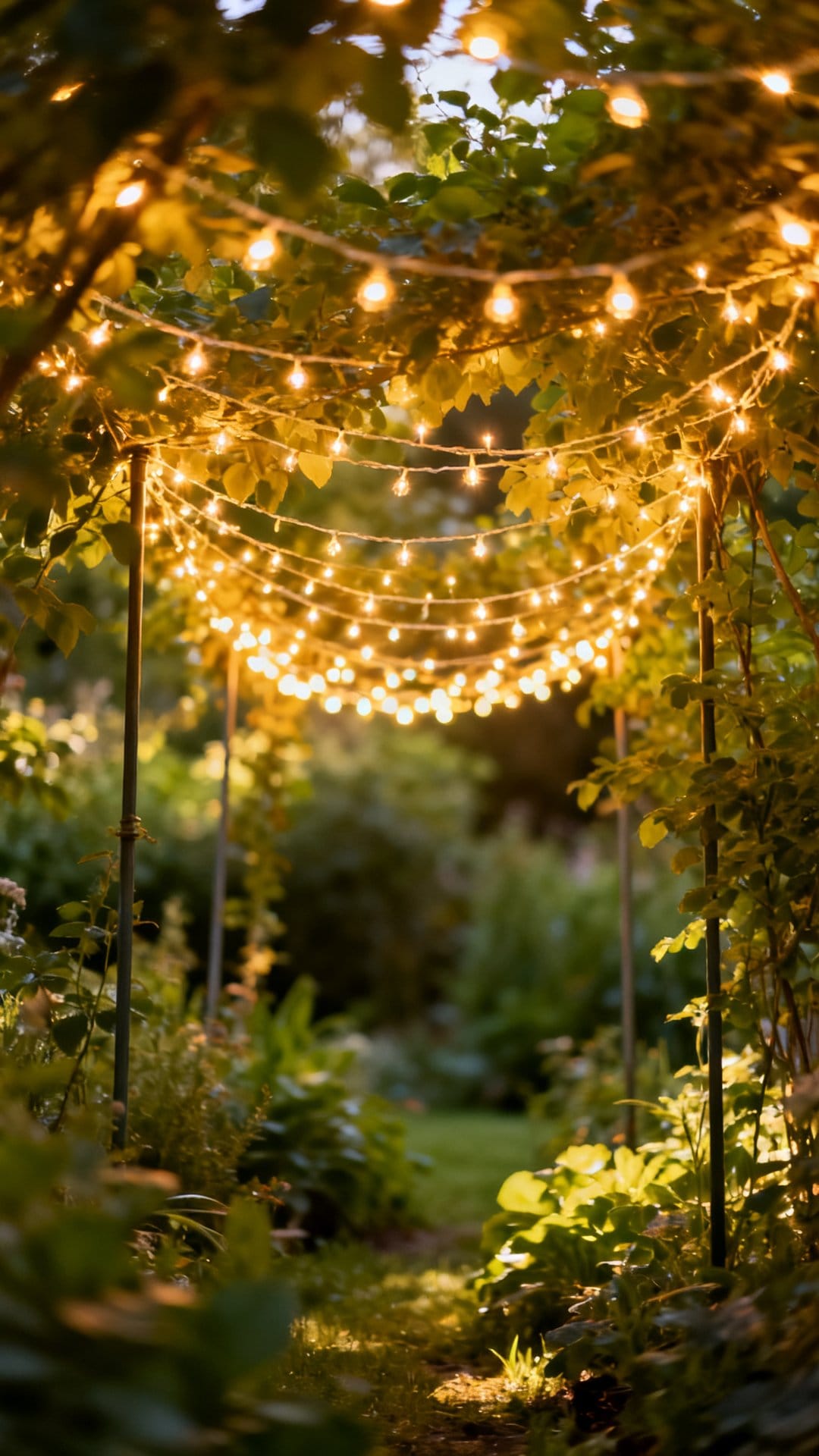 Fairy Light Canopy Strung Between Garden Stakes
