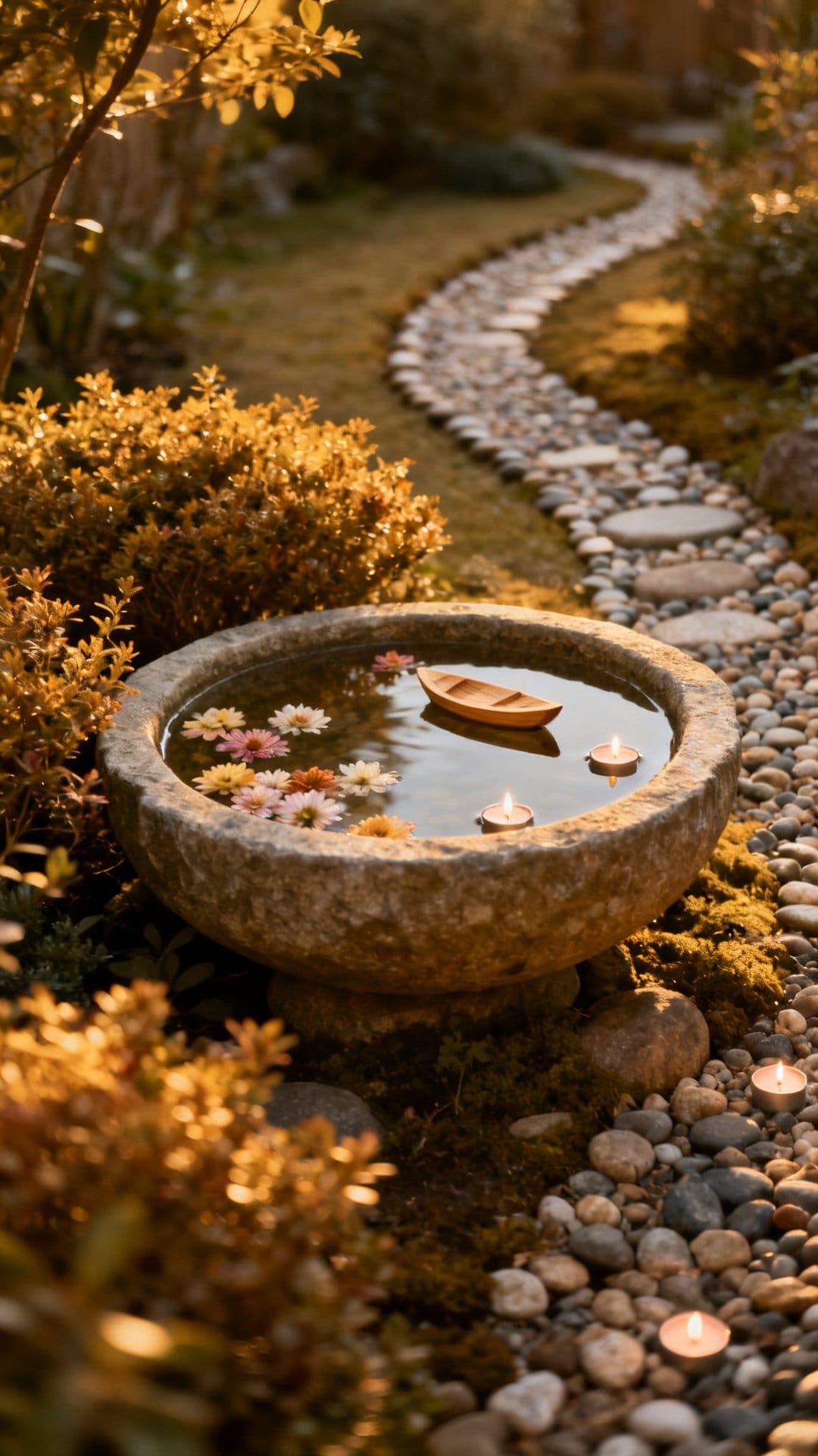 Float Candles and Flowers in a Shallow Garden Basin