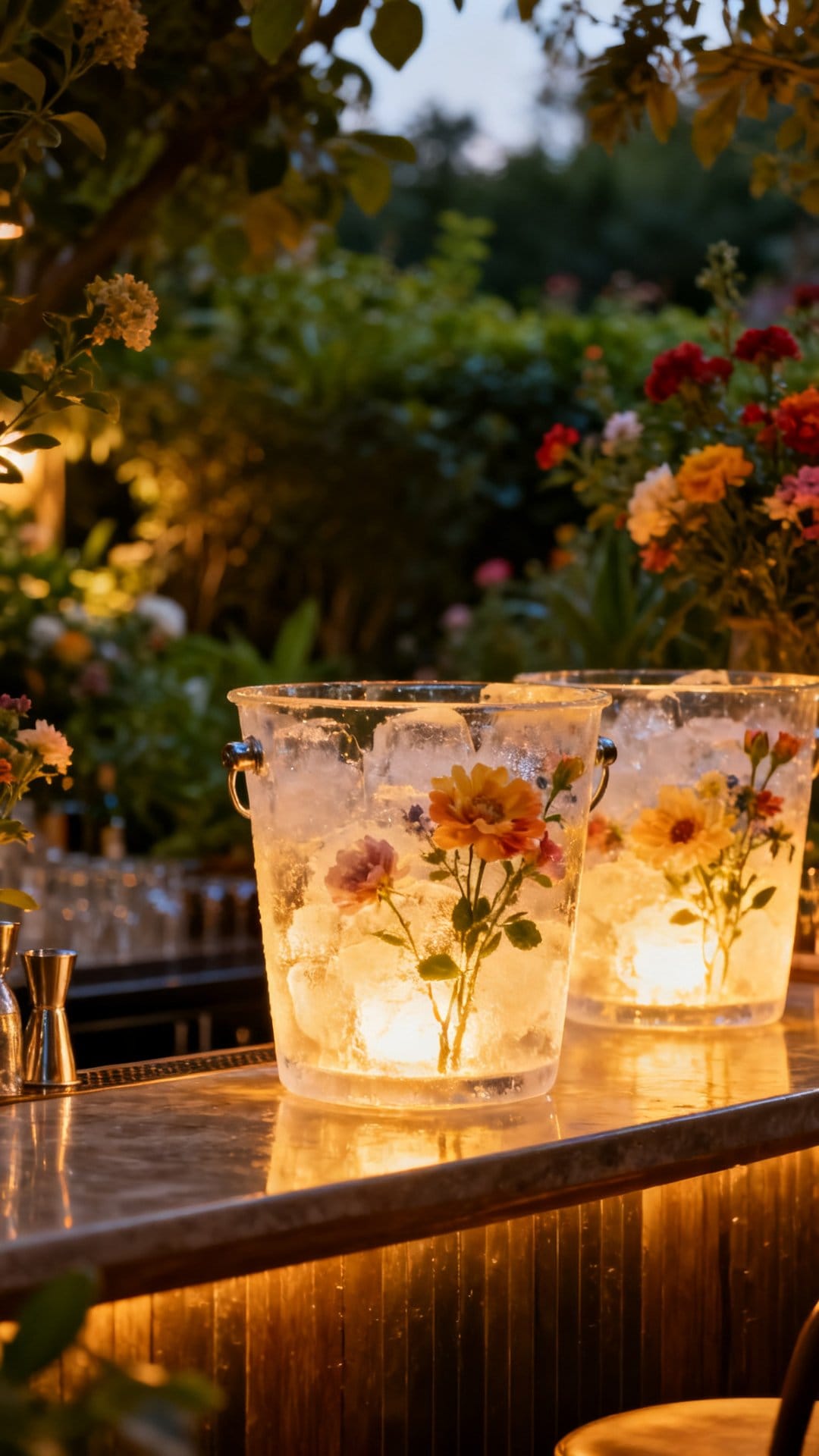 Glowing Floral Ice Buckets on the Bar Area