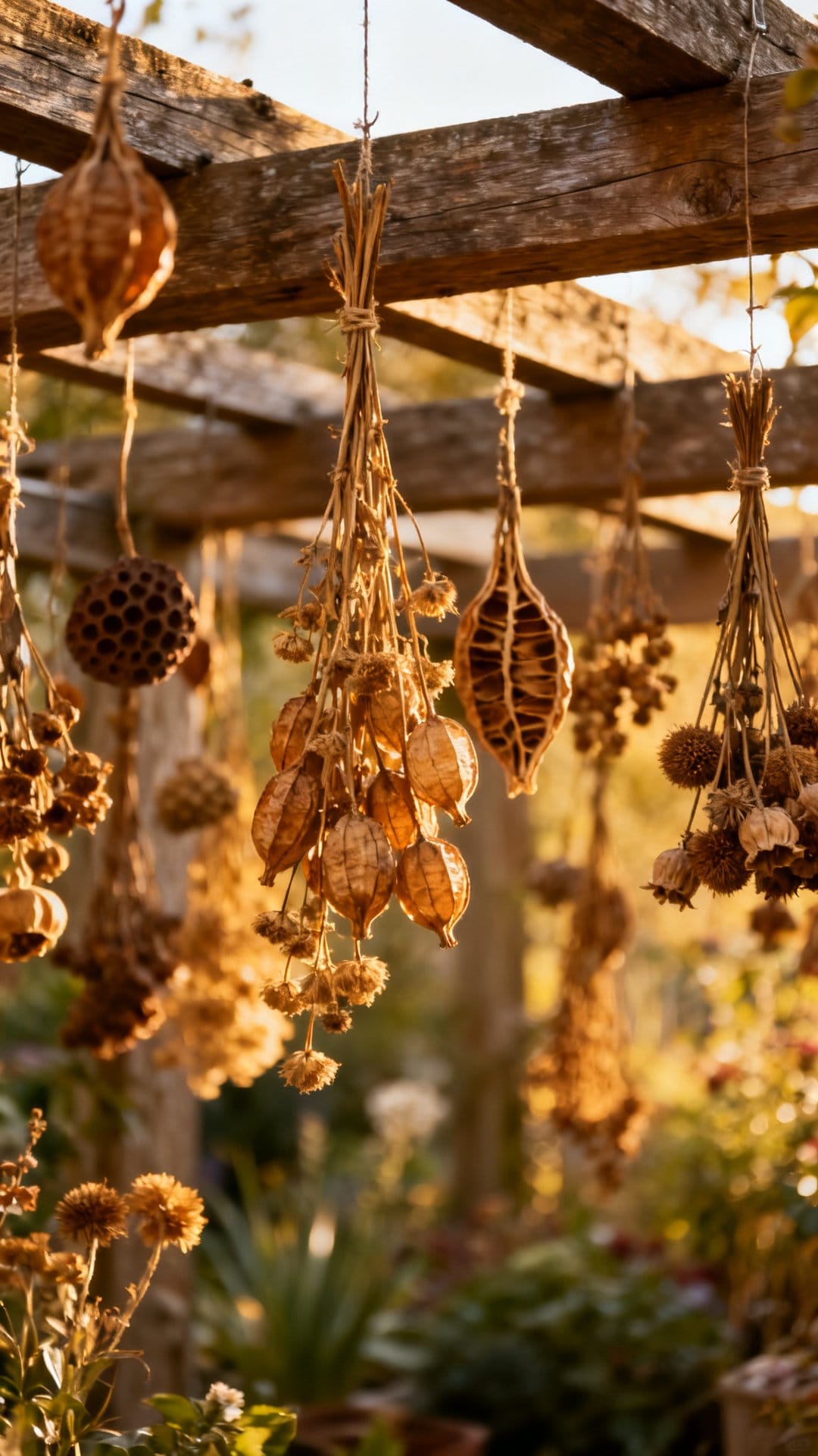 Hang Clusters of Dried Botanicals and Seed Pods from Overhead Beams