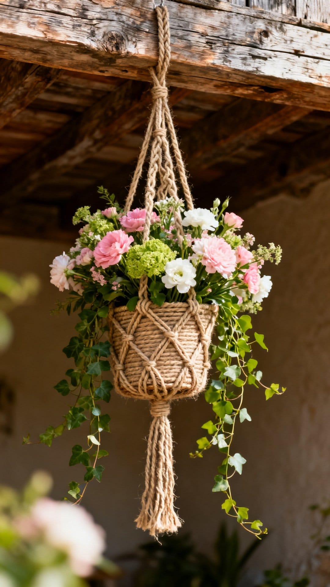 Macramé Plant Hangers Repurposed as Floral Installations
