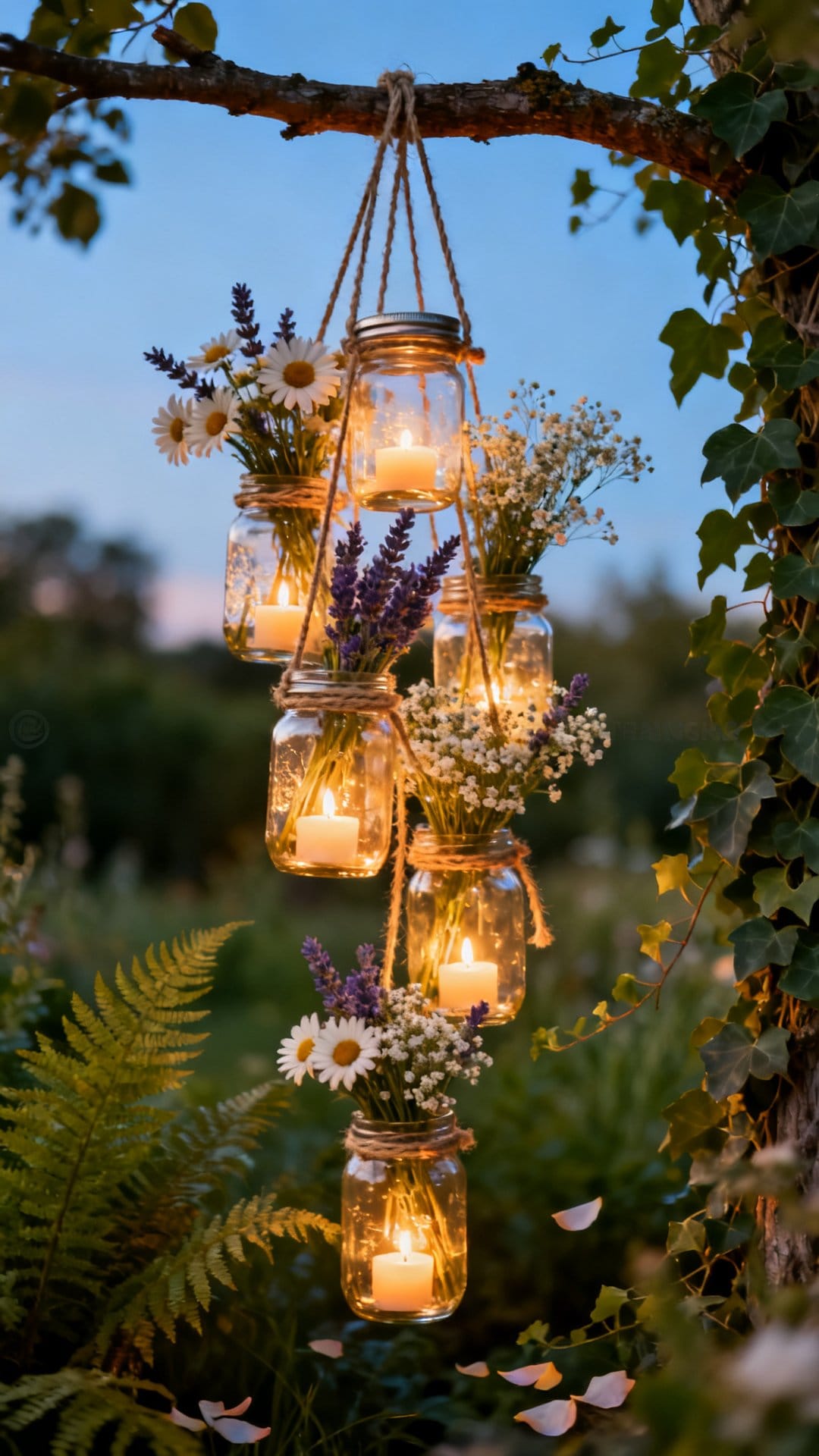 Mason Jar Lanterns Filled with Wildflowers and Candlelight
