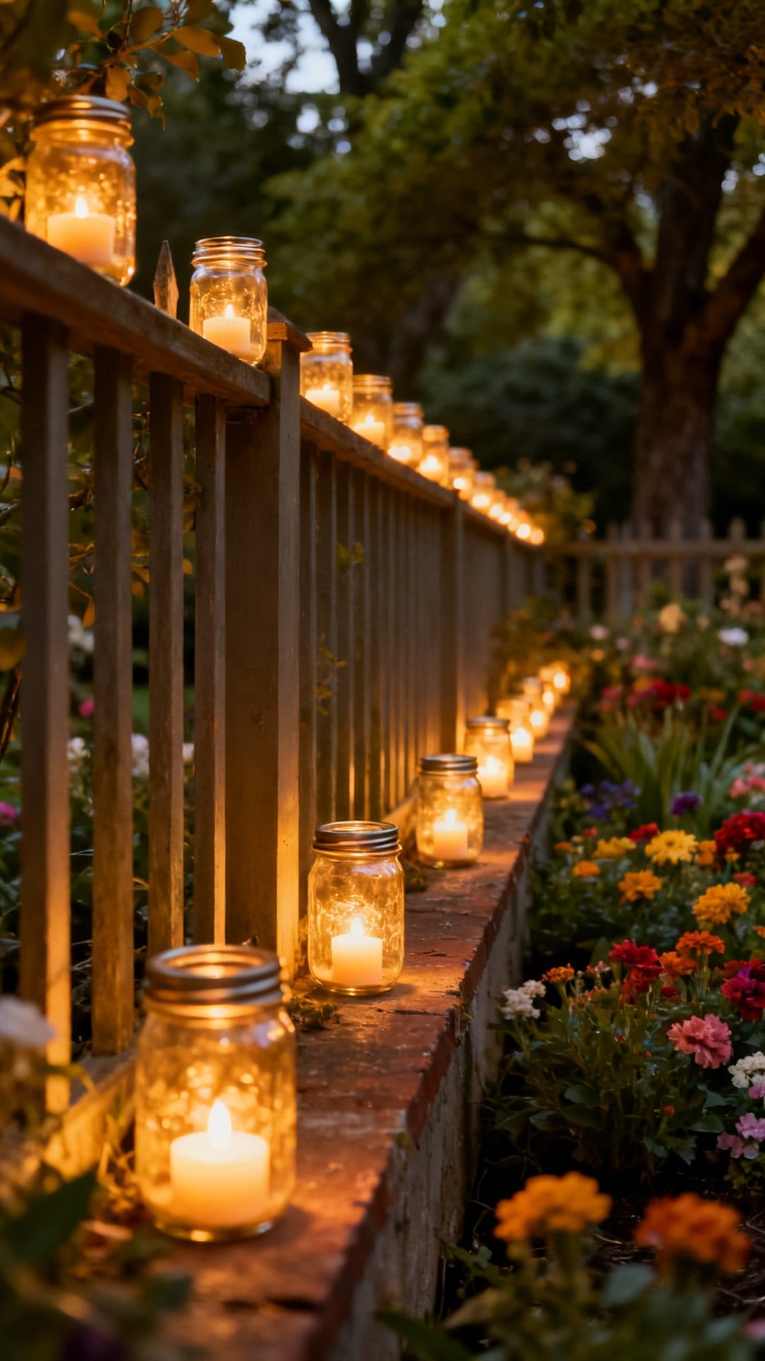 Mason Jar Lanterns Lining Fence Rails and Ledges