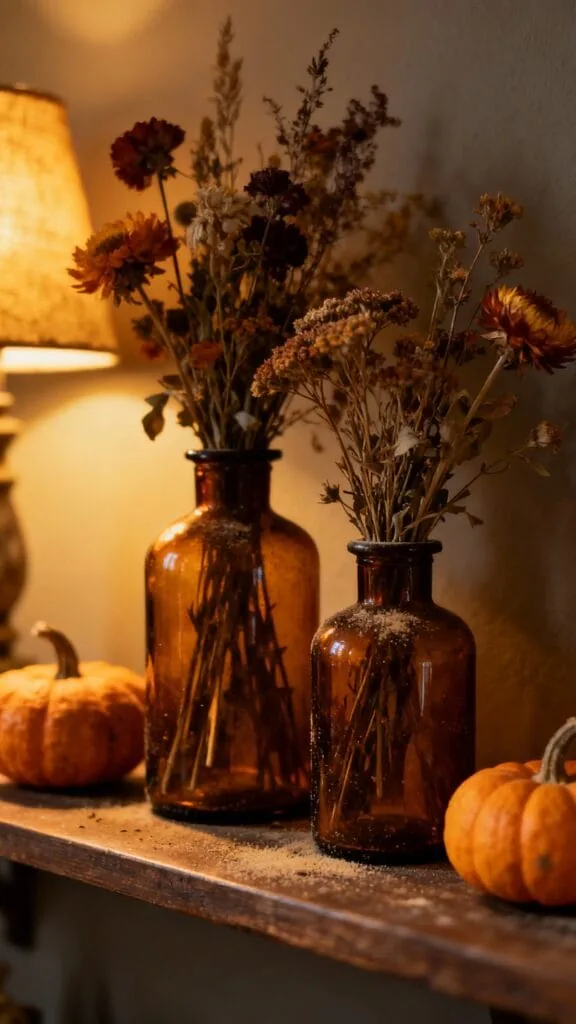 Moody apothecary bottles with pumpkin accents fall centerpiece