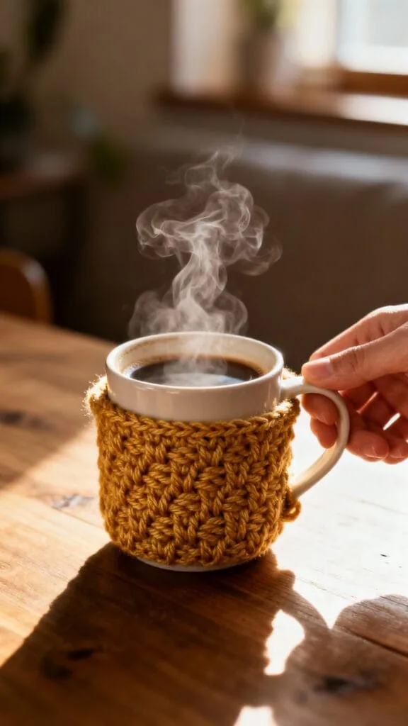 Crochet mug cozies and coasters in caramel and cream for a fall coffee nook