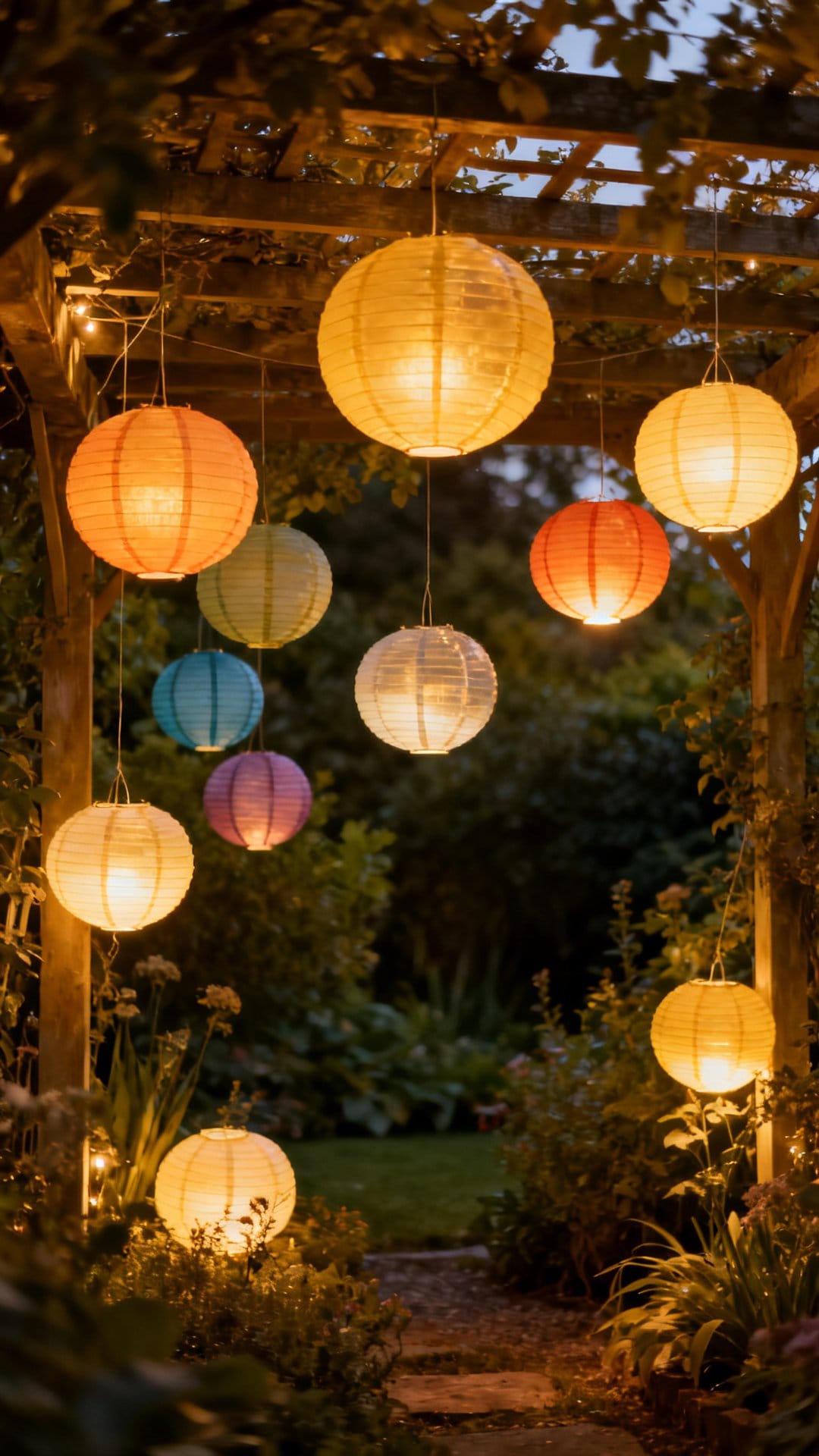 Paper Lanterns Hung at Varying Heights