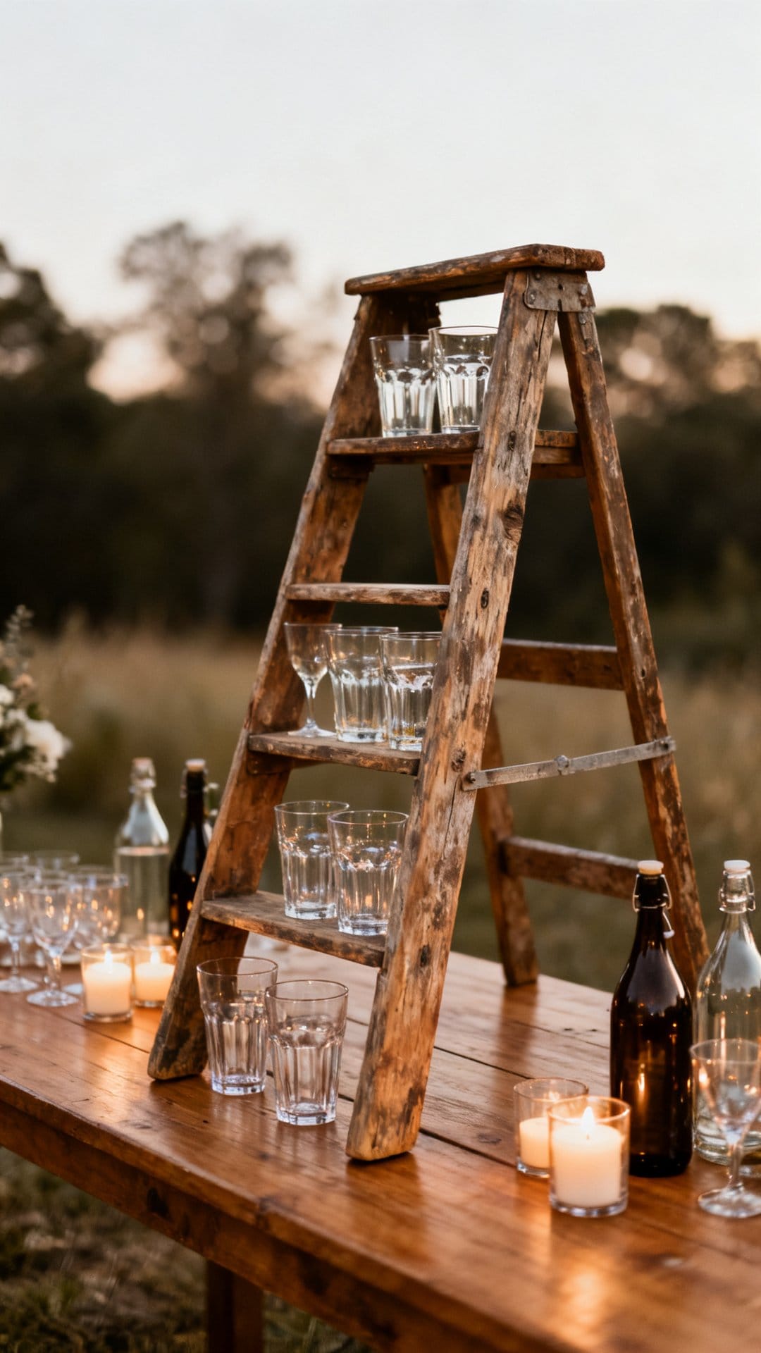 Repurposed Ladder Shelf as a Tiered Drink Station