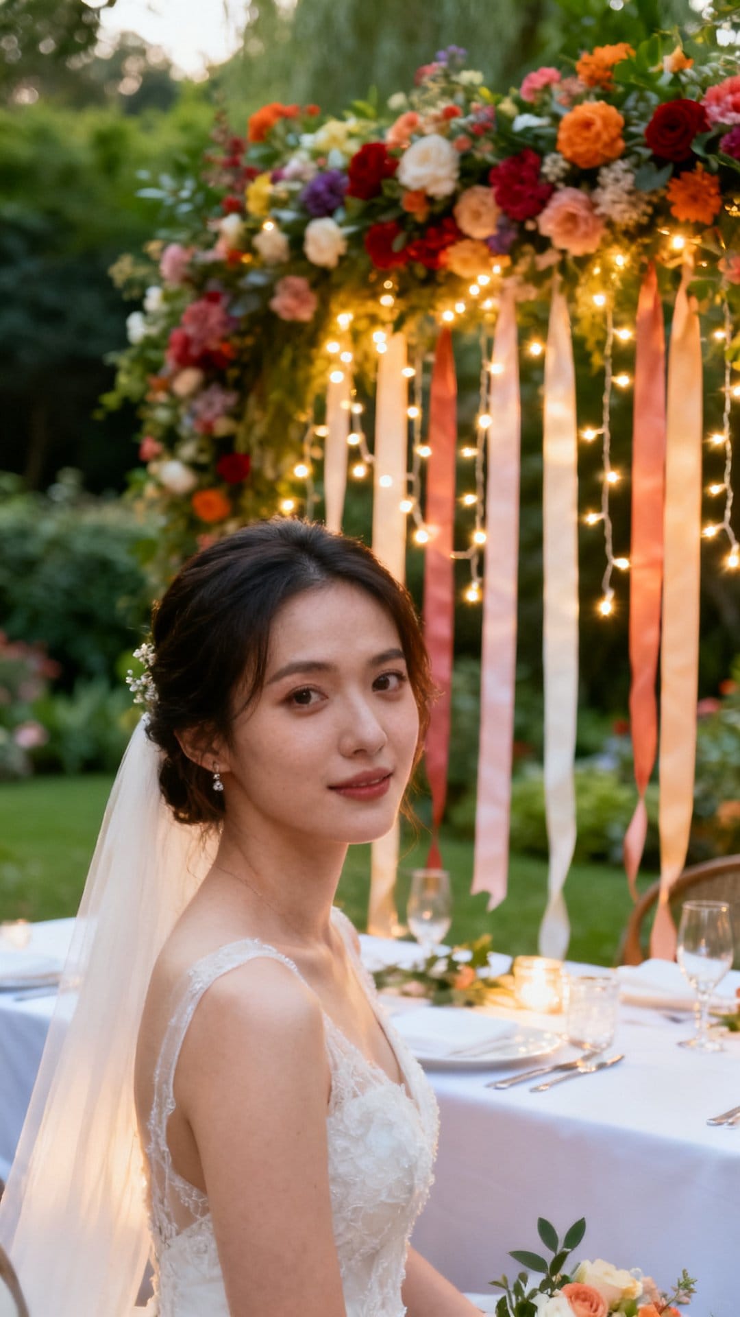 Ribbon and Fairy Light Curtains Behind the Head Table