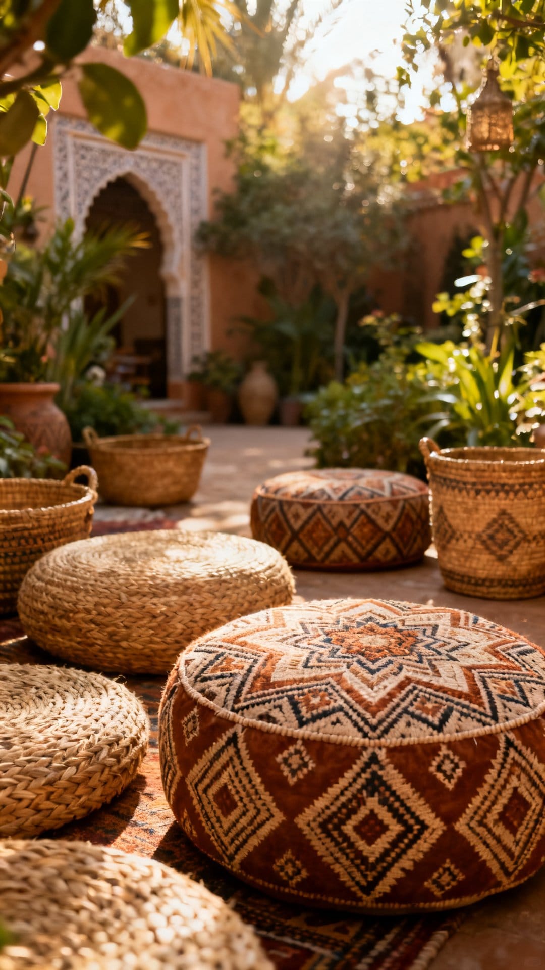 Scatter Moroccan-Style Poufs and Woven Baskets Around the Space