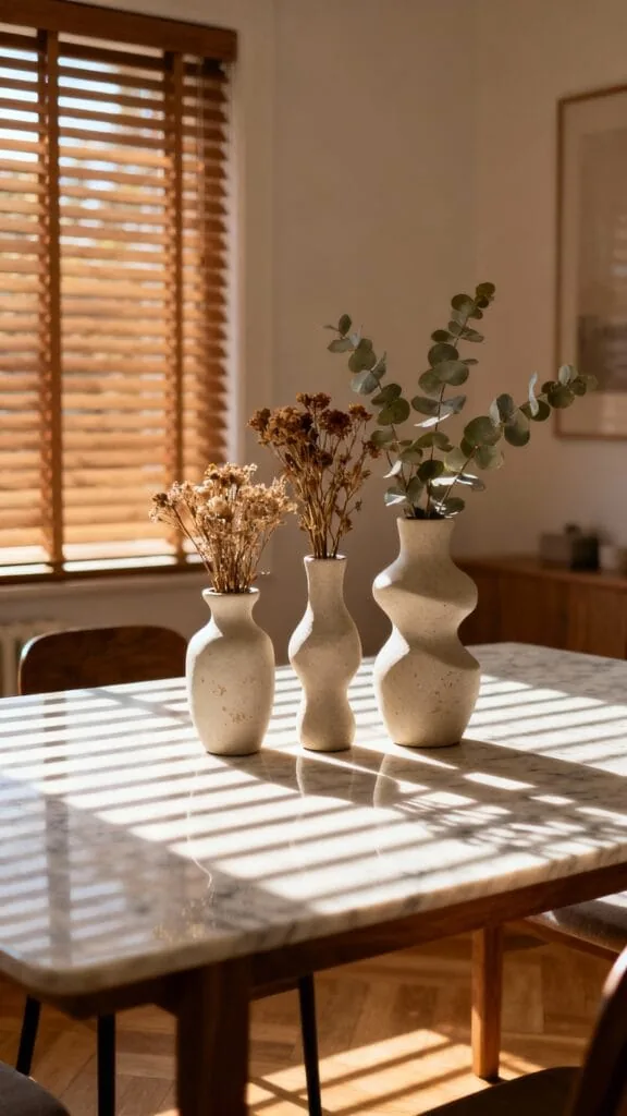 Low sculptural modern fall centerpiece in matte ceramic with dried stems