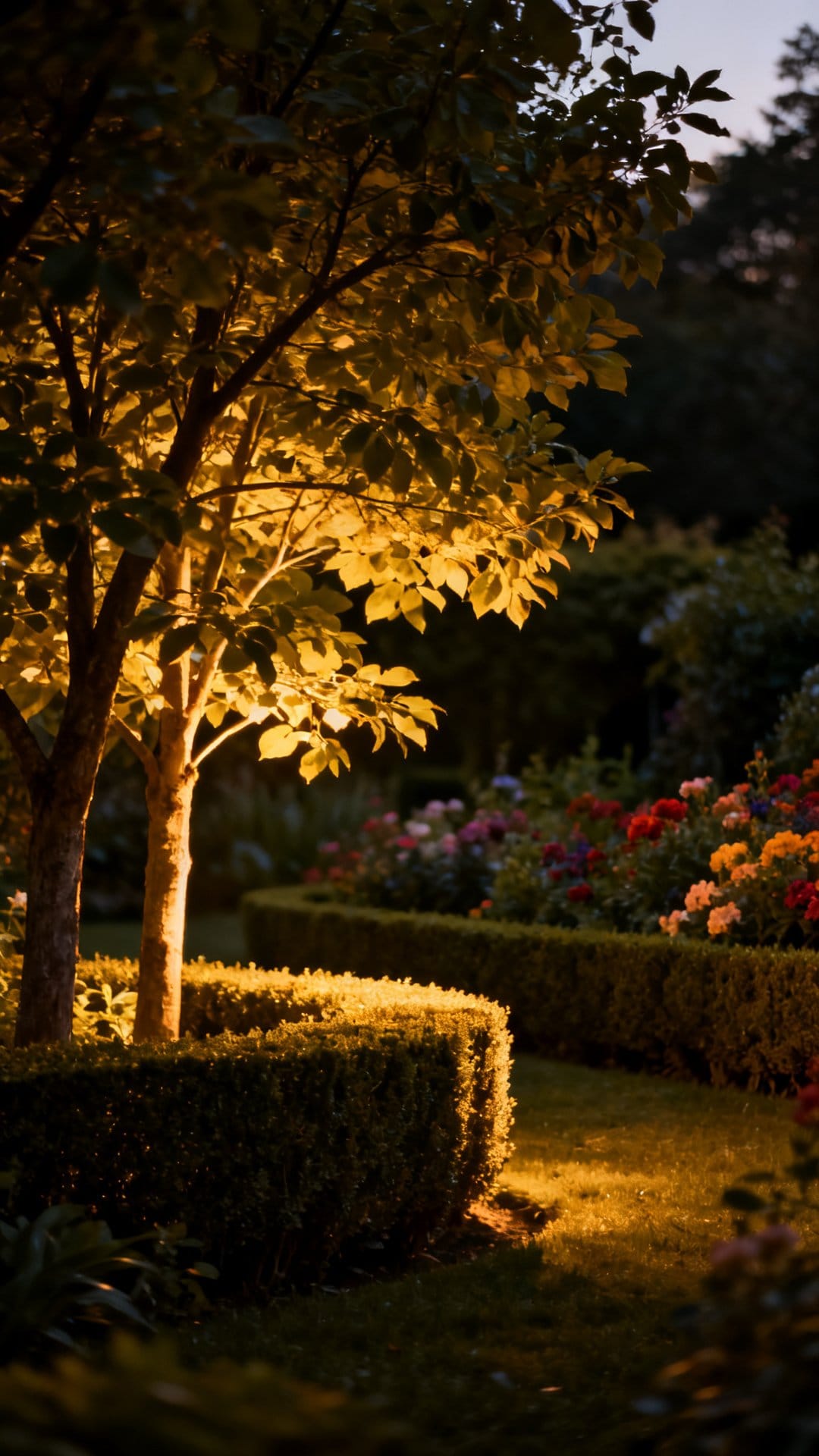 Soft Uplighting on Garden Trees and Hedges