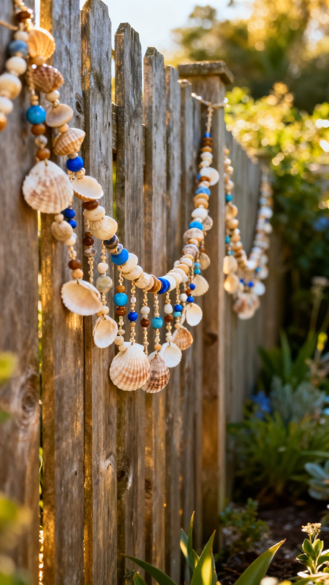 String Beaded and Shell Garlands Across Fence Lines