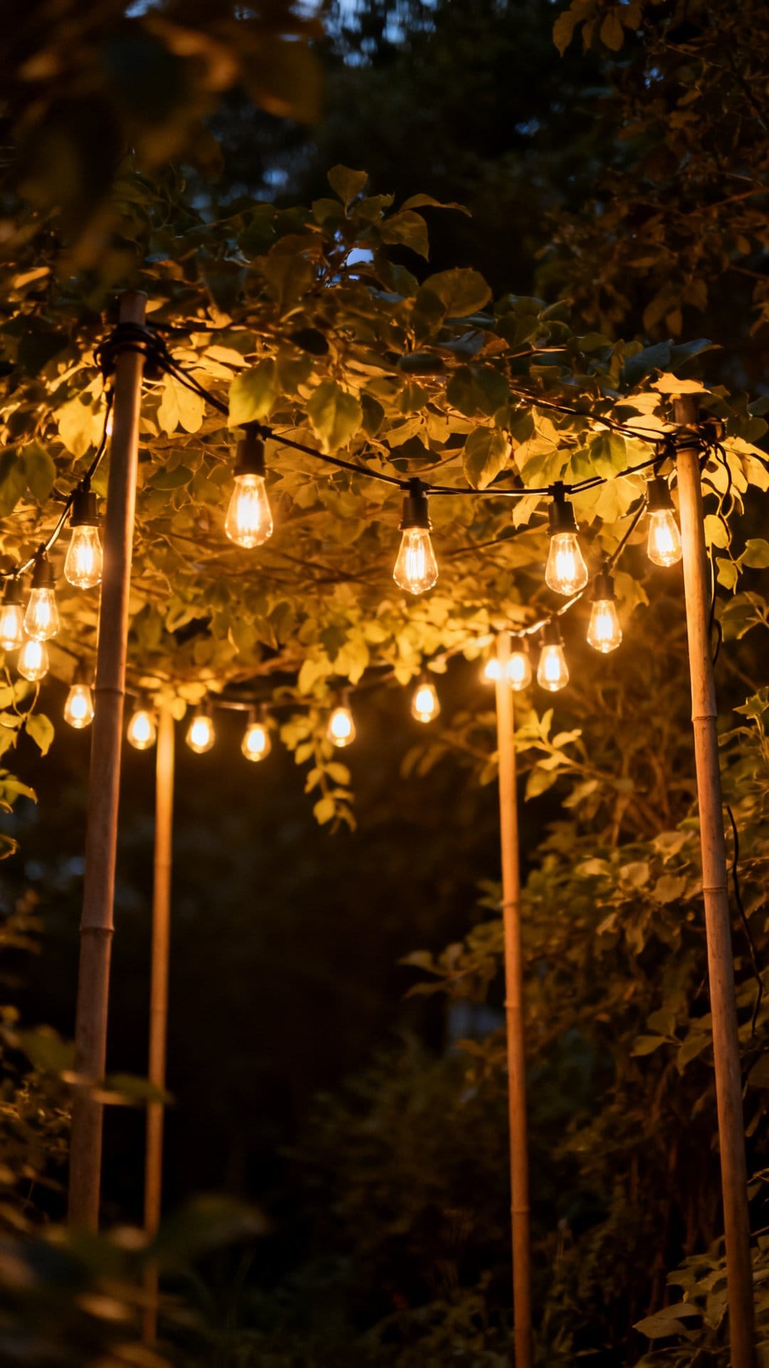 String Edison Bulb Lights in a Loose Canopy Overhead