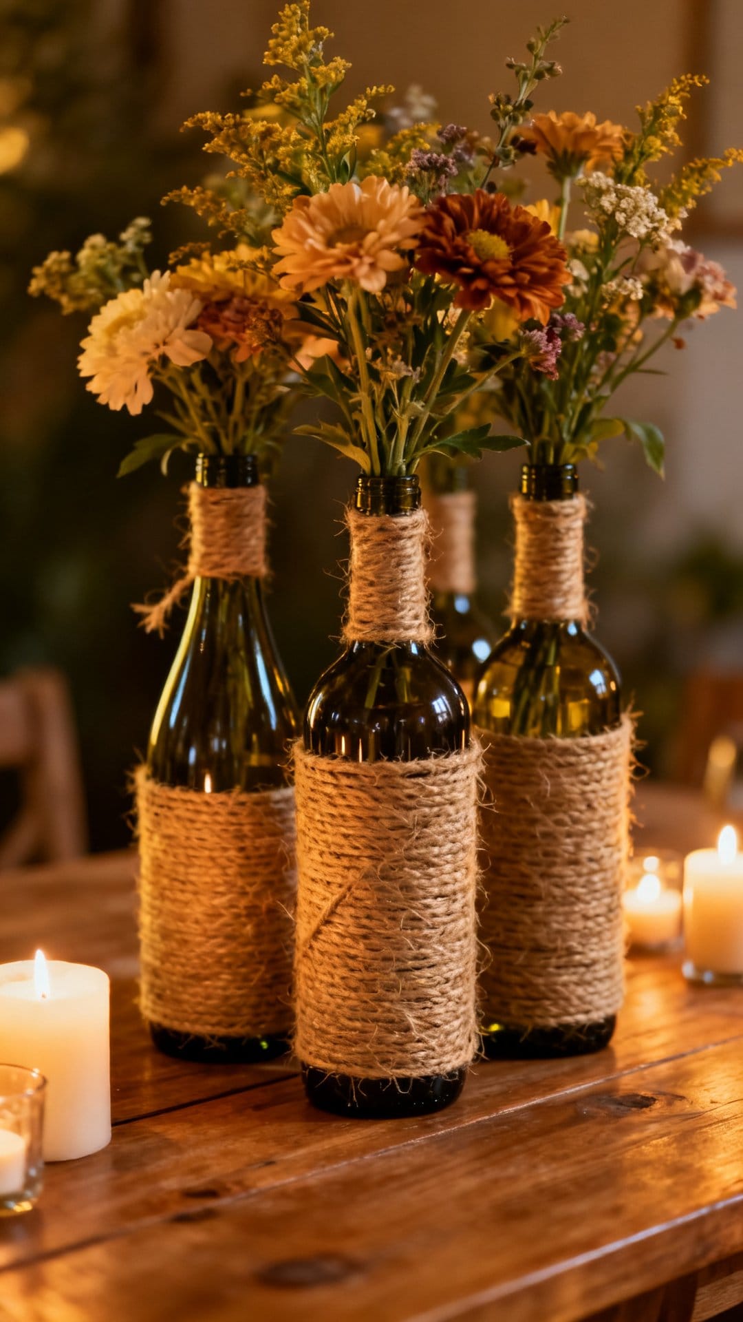 Upcycled Wine Bottle Vases with Twine Wrapping