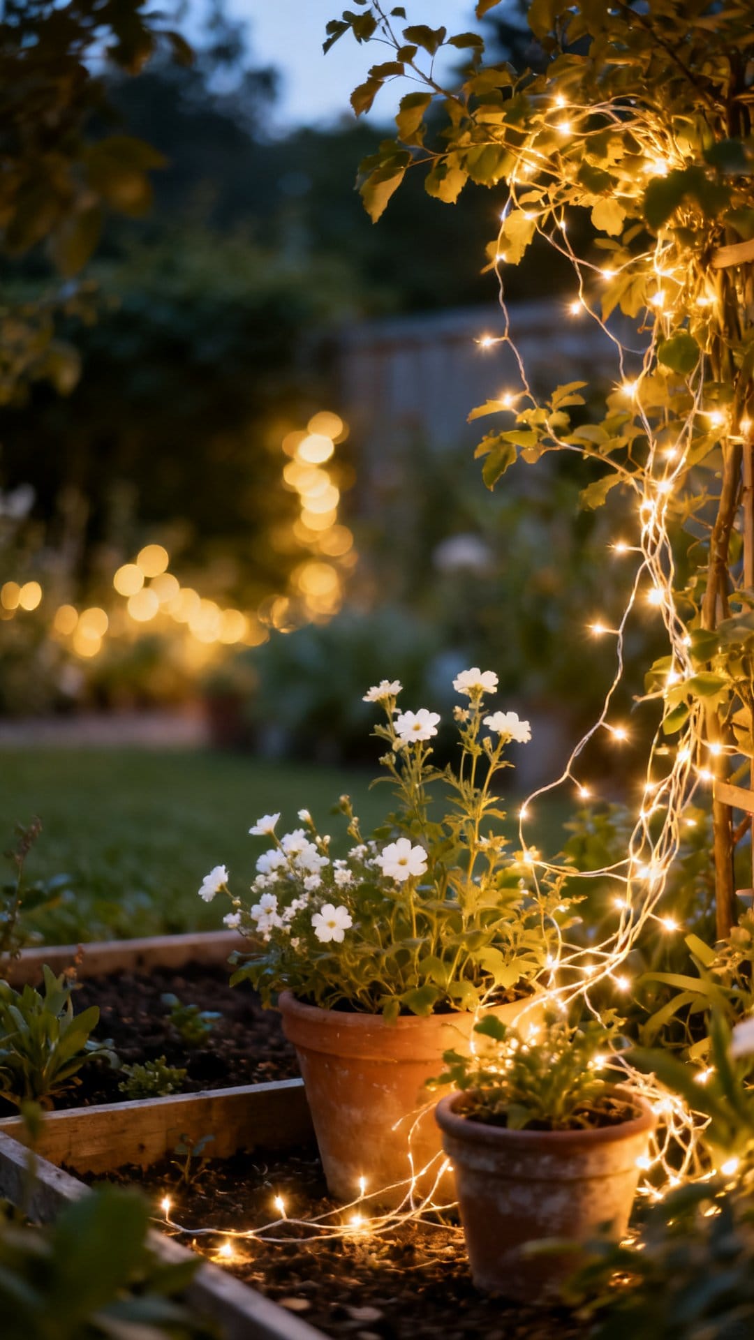 Weave Fairy Lights Through Potted Plants and Garden Beds