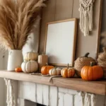 Warm bohemian style fall mantel decor
