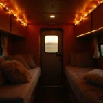 Cozy small camper interior with warm fairy lights and LED accent lighting at dusk