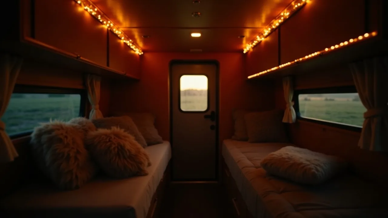 Cozy small camper interior with warm fairy lights and LED accent lighting at dusk