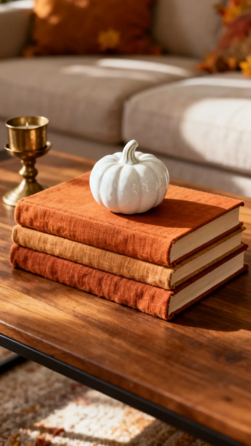 Stacked fall books with small pumpkin on coffee table