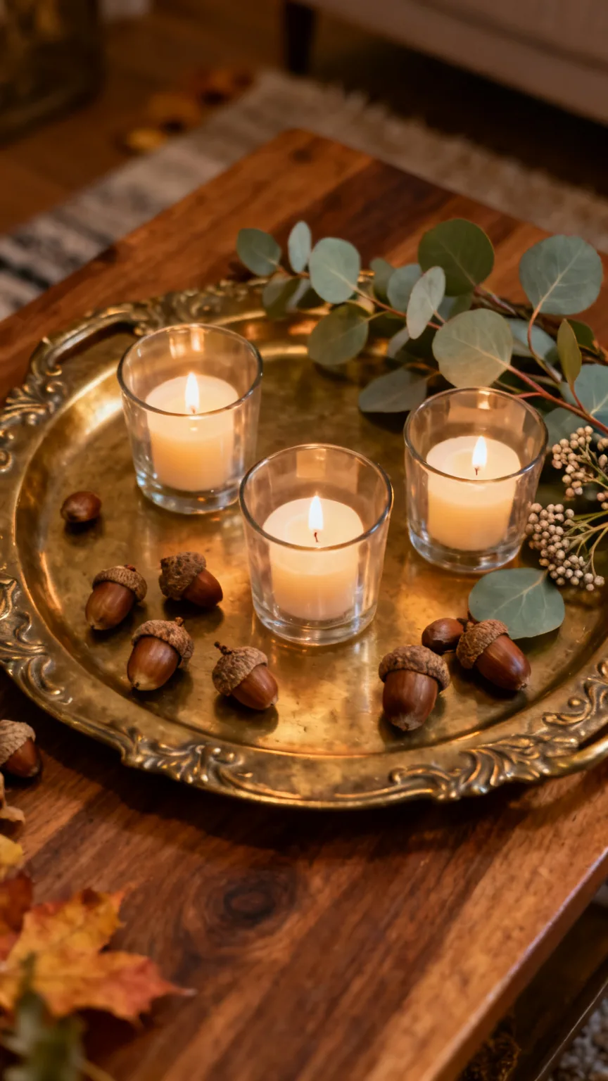 Brass tray with tea lights and foliage on coffee table