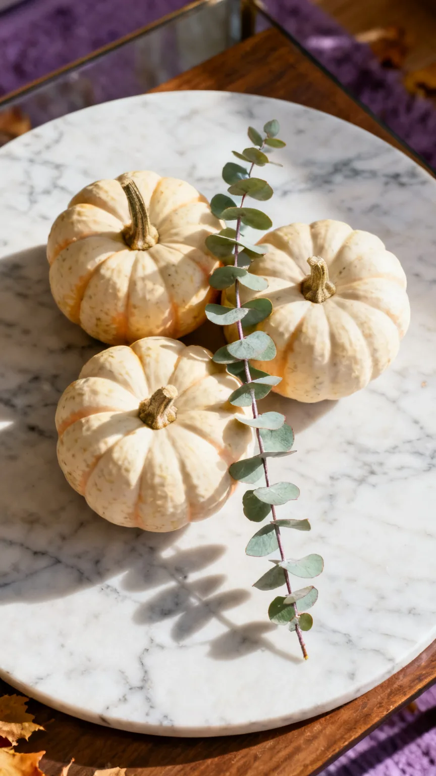 Mini pumpkin trio on marble coaster on coffee table