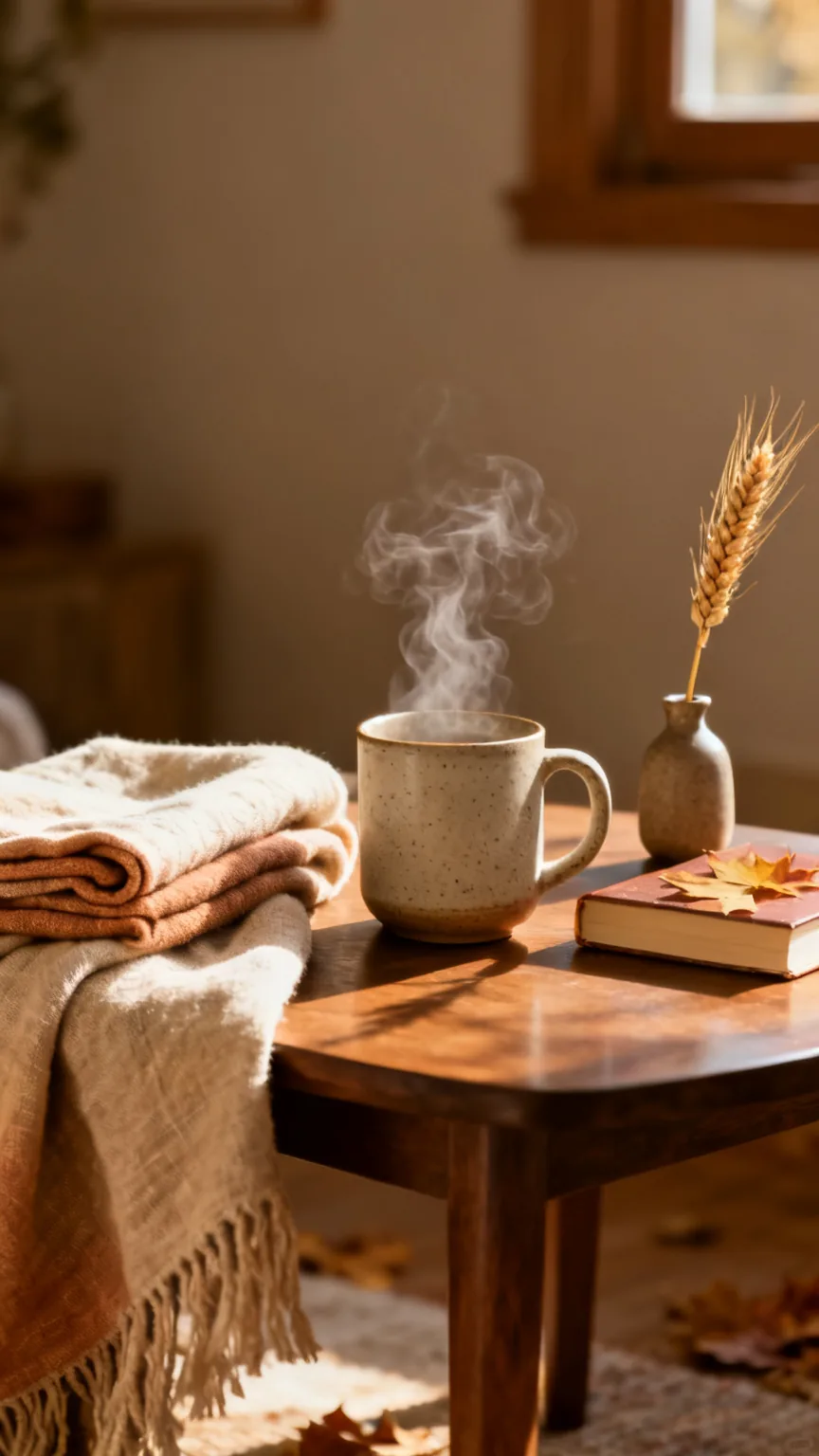 Linen throw and warm mug ready setup on coffee table