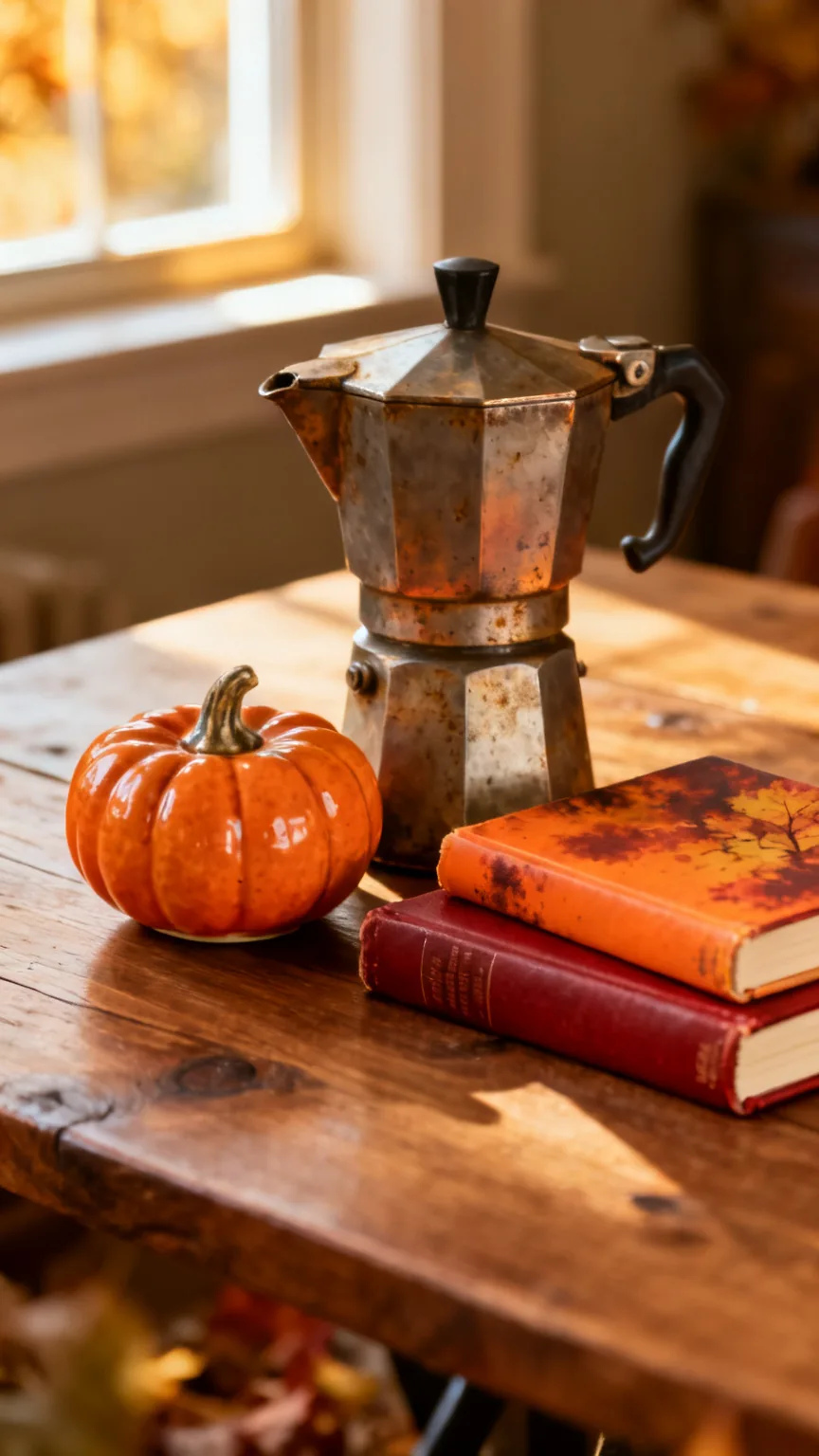 Vintage coffee press decor on coffee table
