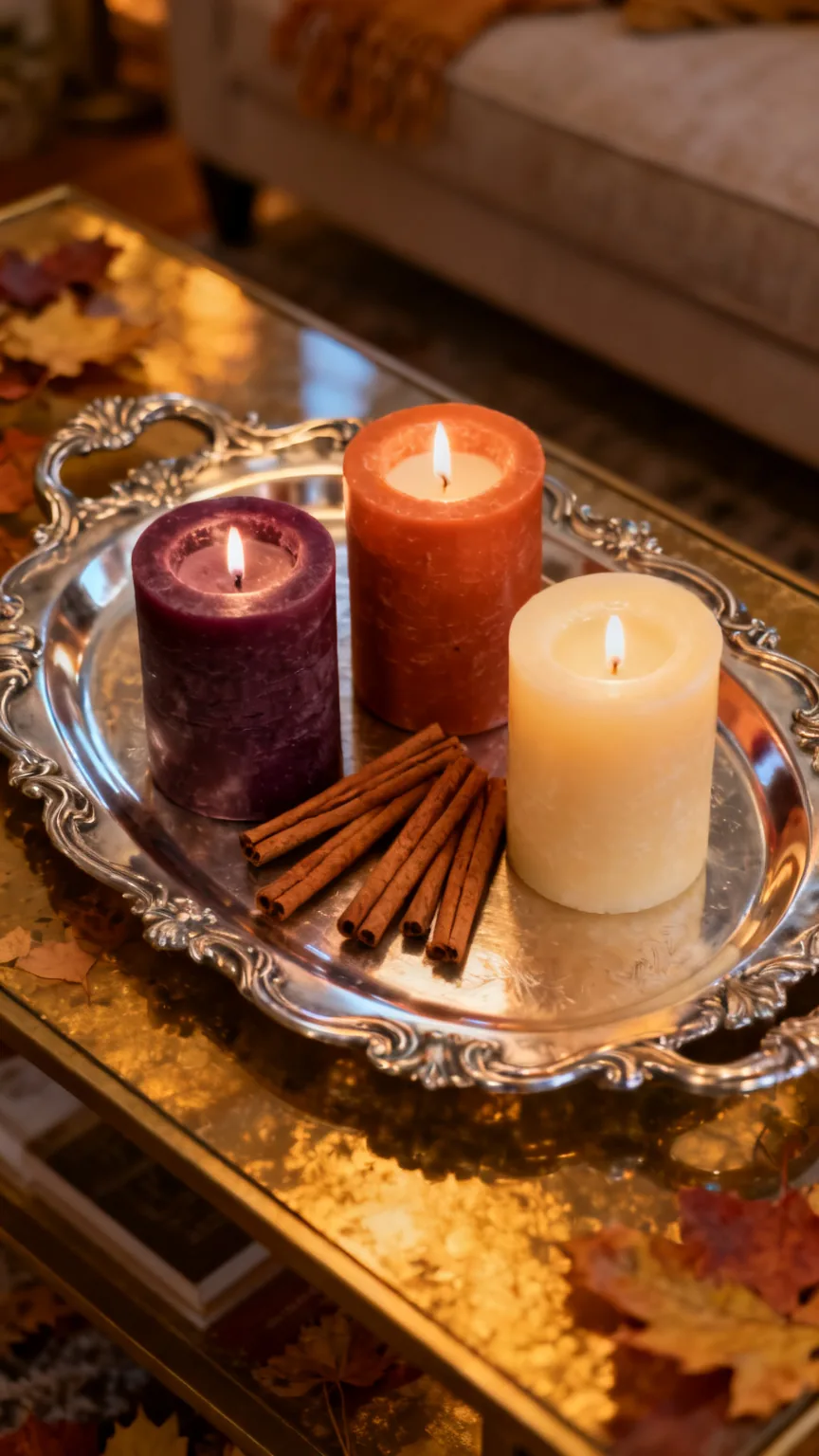 Antique tray with spiced candles on coffee table