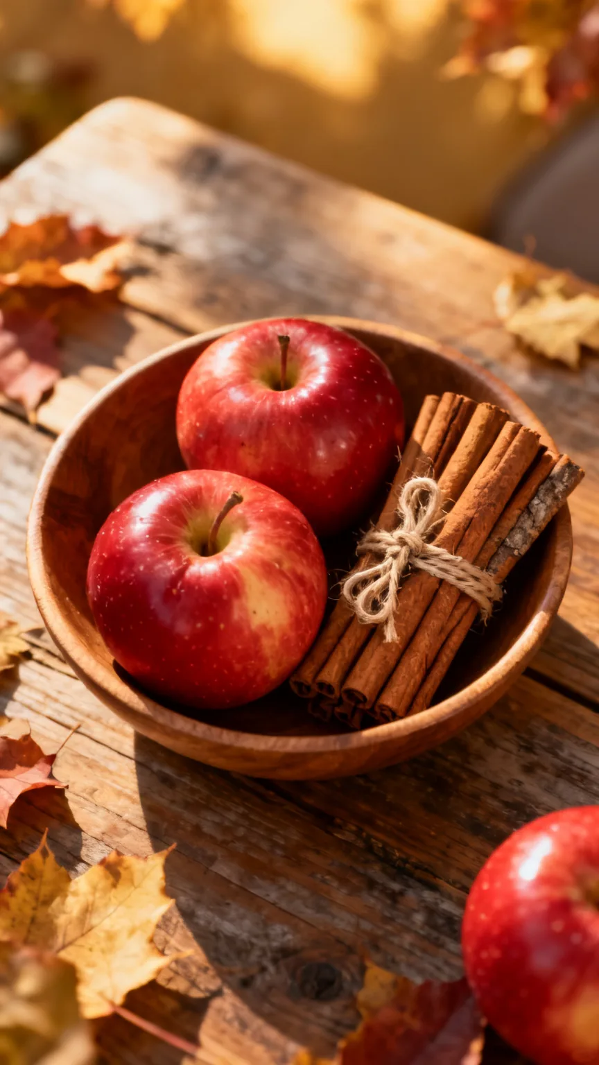 Apple and cinnamon stick display on coffee table