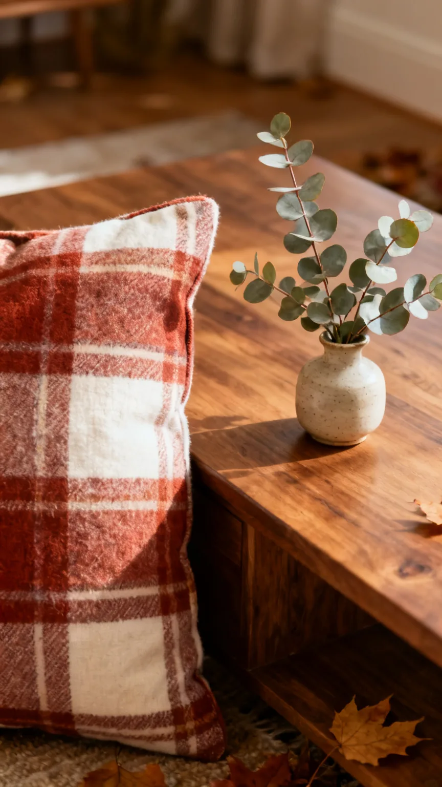 Plaid throw pillow accent near coffee table