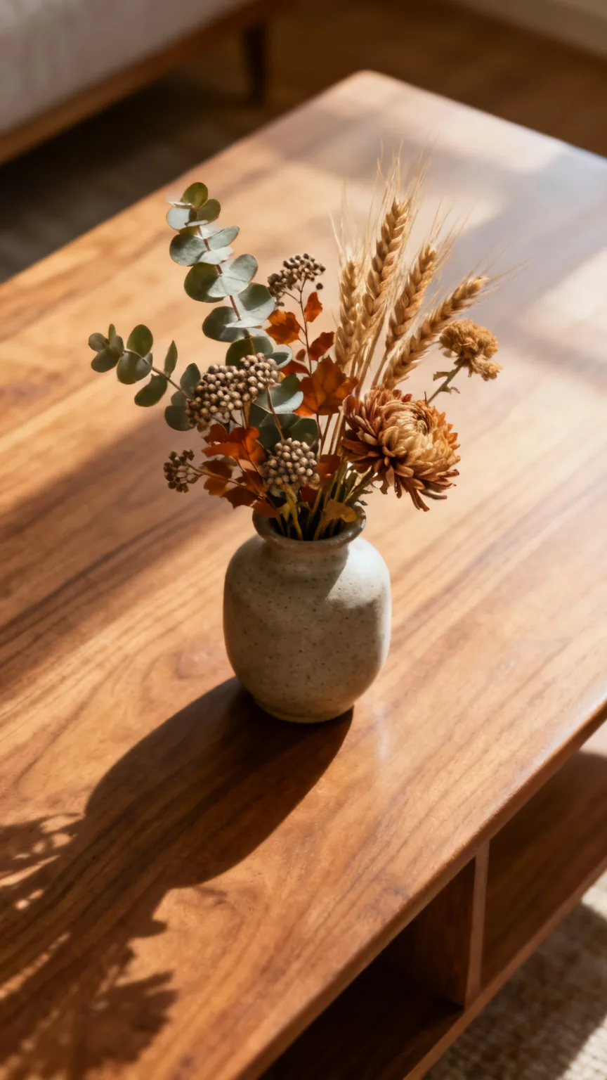 Eucalyptus and wheat bouquet on coffee table