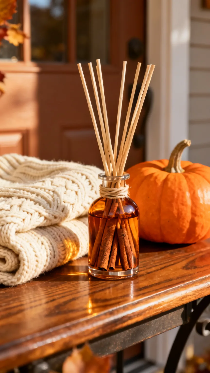 Cinnamon stick reed diffuser on a fall entryway table