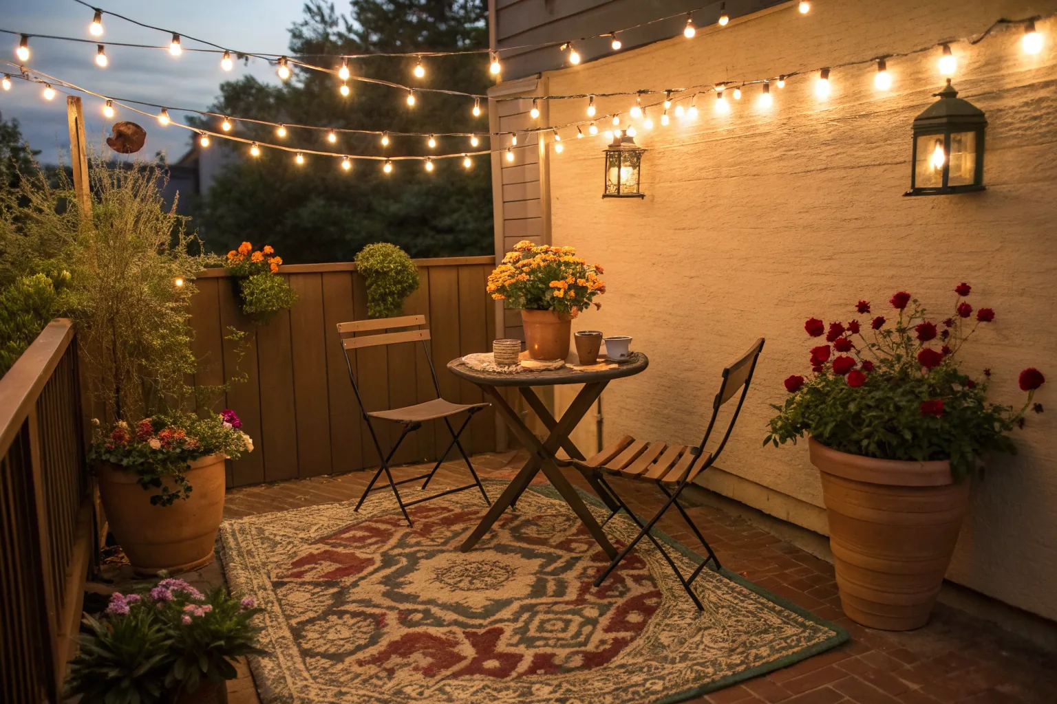 Cozy small patio decorated on a budget with string lights and bistro table