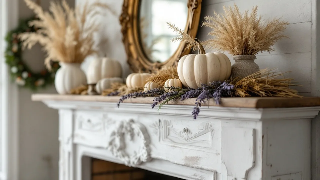 French country rustic-elegant style fall mantel decor