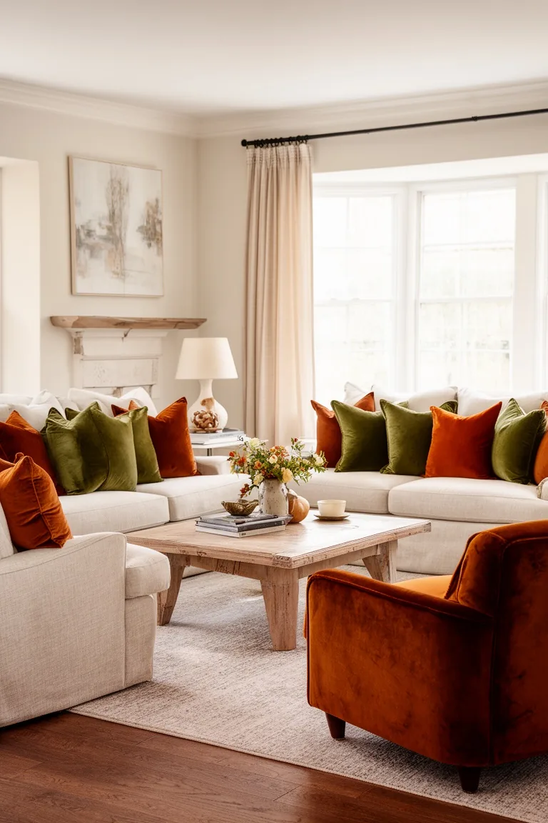 Velvet accents transitional fall living room, idea 1