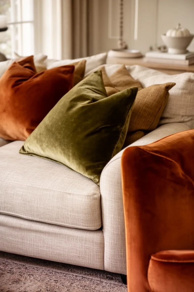 Velvet accents transitional fall living room, idea 2
