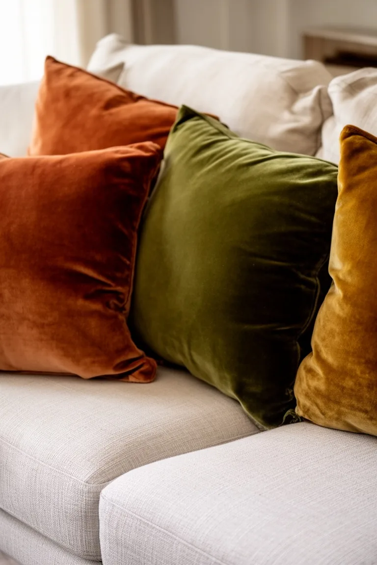 Velvet accents transitional fall living room, idea 3