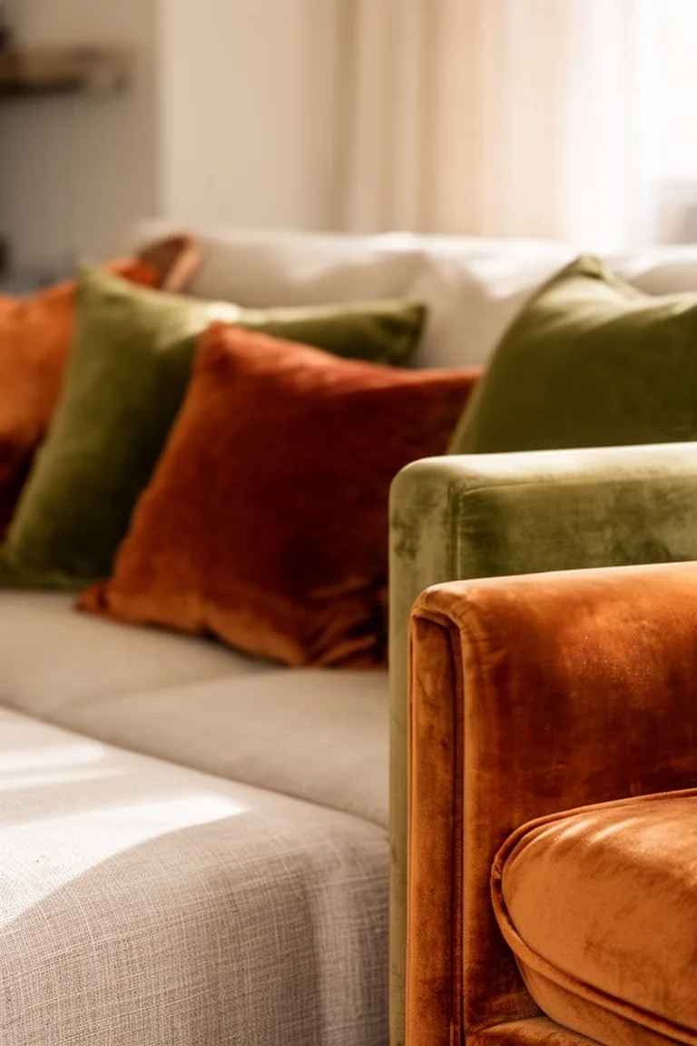 Velvet accents transitional fall living room, idea 4