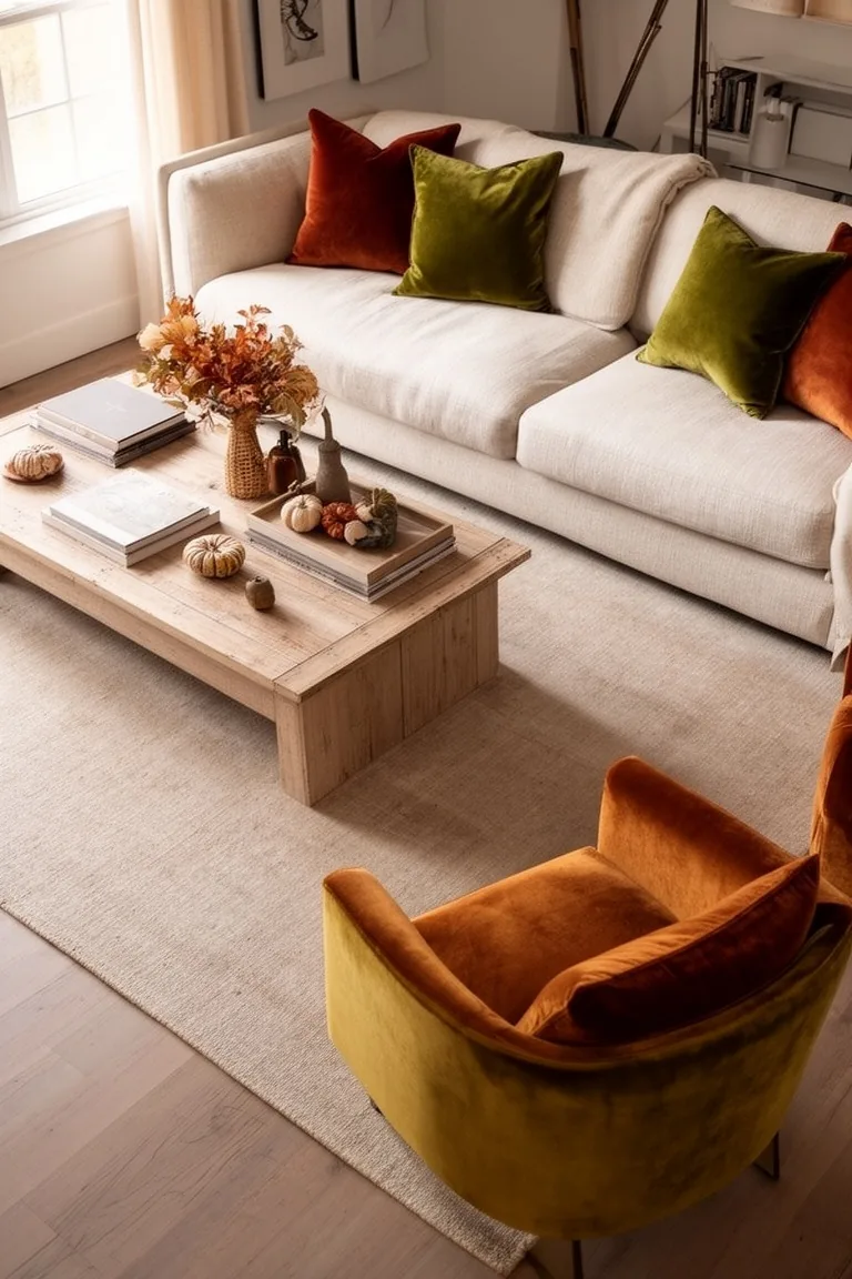 Velvet accents transitional fall living room, idea 5