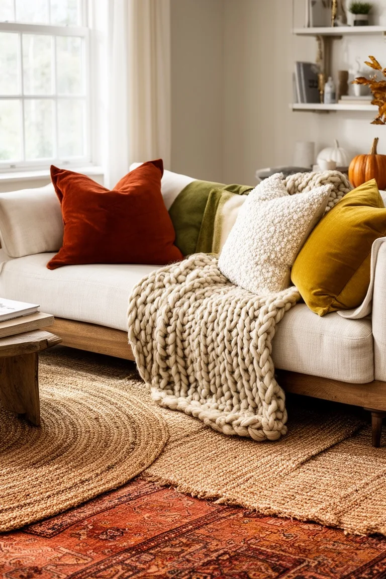 Layered fall textures living room, idea 1