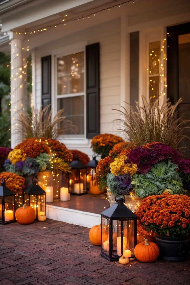 Cozy fall porch planters lanterns, idea 1