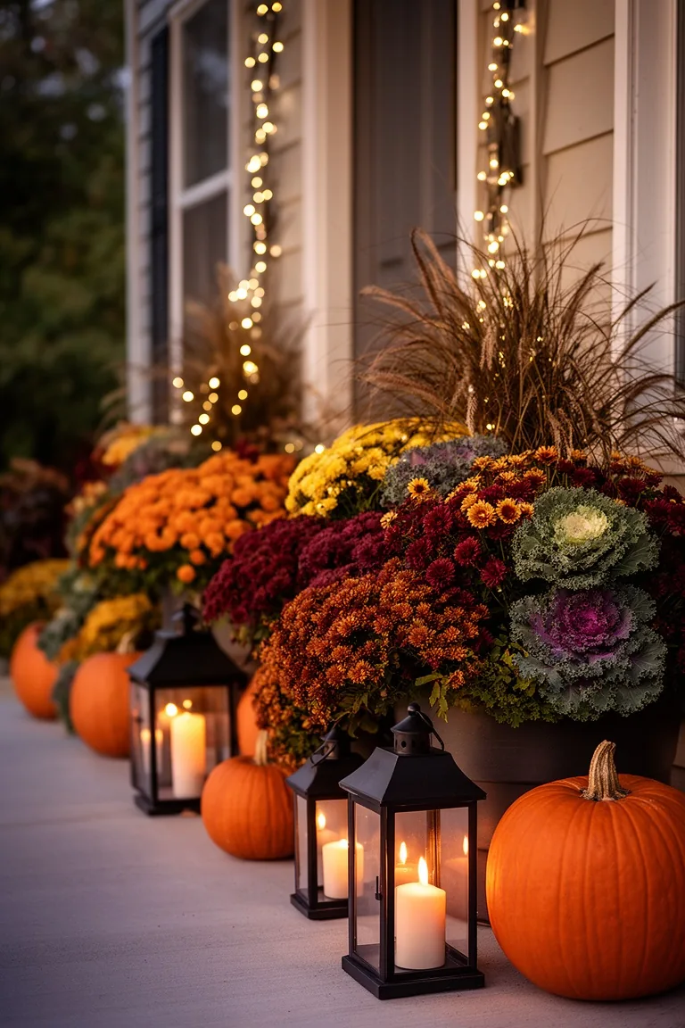Cozy fall porch planters lanterns, idea 2