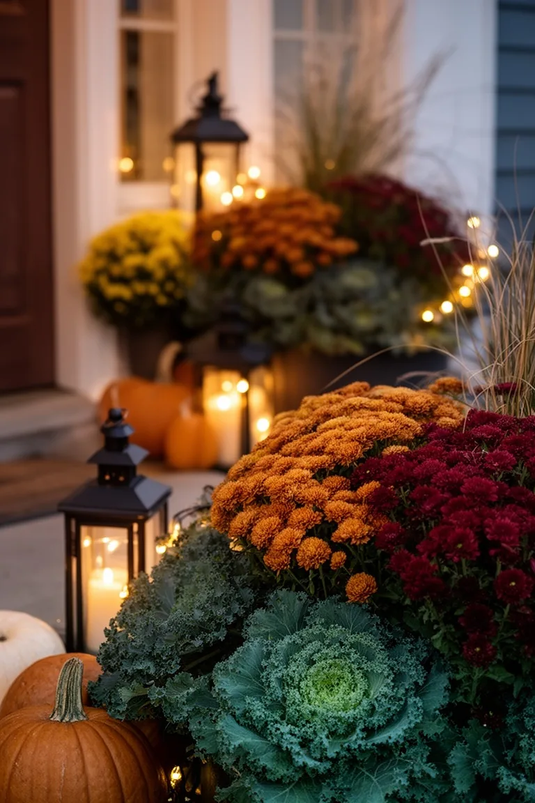 Cozy fall porch planters lanterns, idea 3
