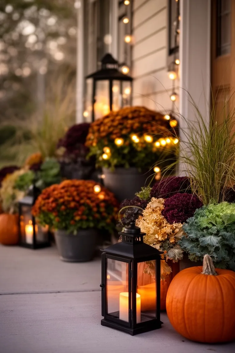 Cozy fall porch planters lanterns, idea 4