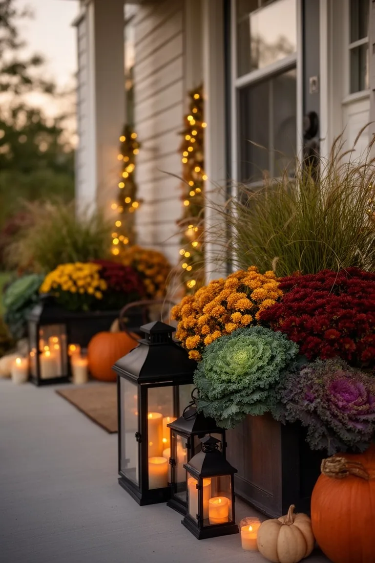 Cozy fall porch planters lanterns, idea 5